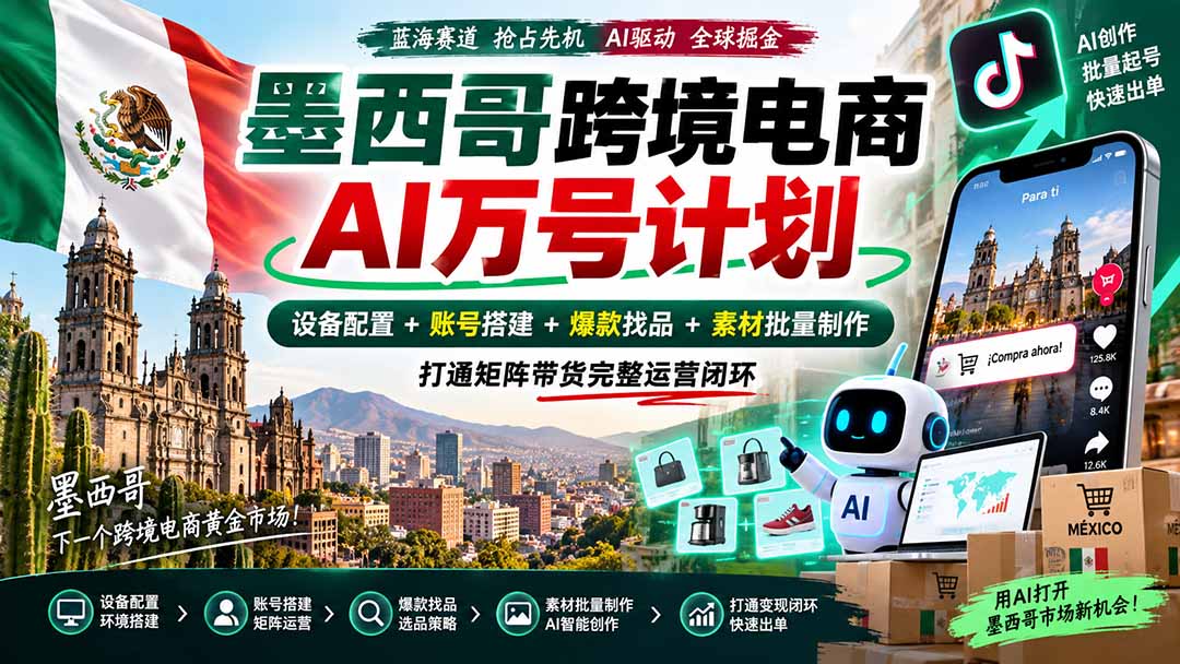 墨西哥AI跨境电商万号计划｜设备配置+账号搭建+爆款找品+素材批量制作，打通矩阵带货完整运营闭环-宣源知识学堂