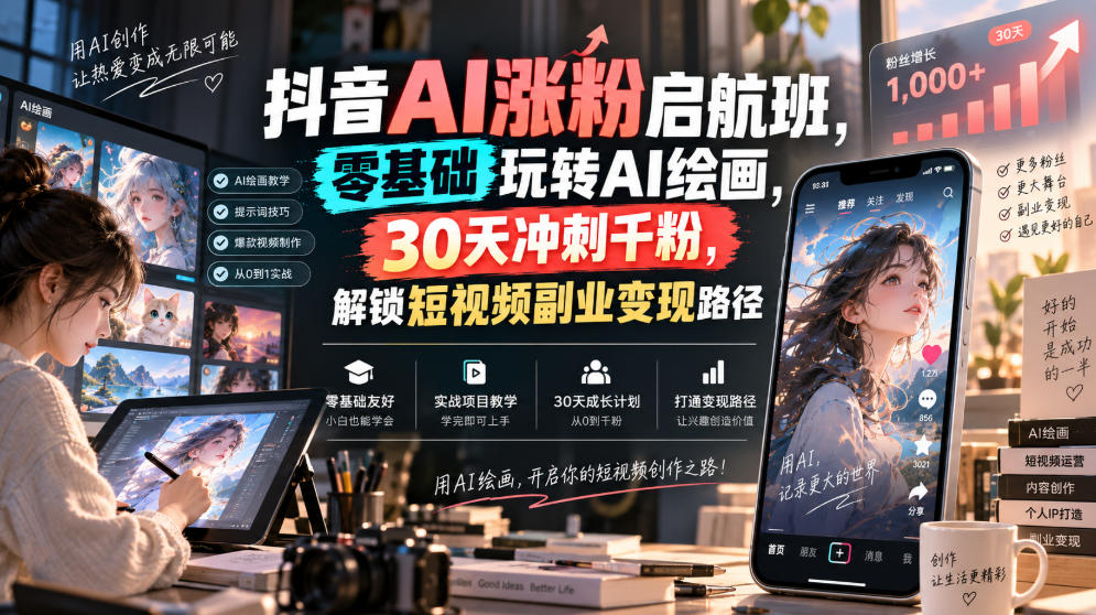 抖音AI涨粉启航班，零基础玩转AI绘画，30天冲刺千粉，解锁短视频副业变现路径-宣源知识学堂