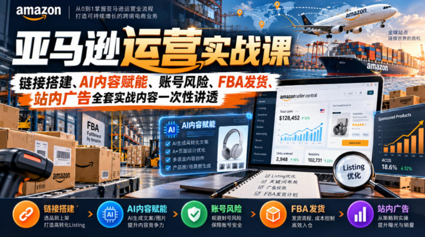 亚马逊运营实战课，链接搭建、AI内容赋能、账号风险、FBA发货、站内广告全套实战内容一次性讲透-宣源知识学堂