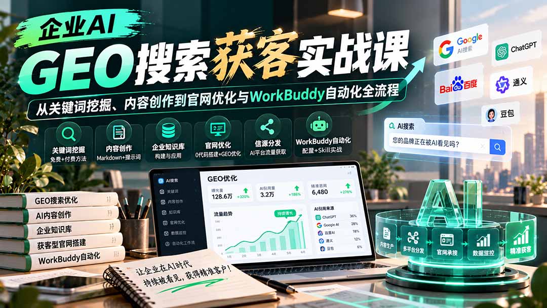 企业AI GEO搜索获客实战课：从关键词挖掘、内容创作到官网优化与WorkBuddy自动化全流程-宣源知识学堂