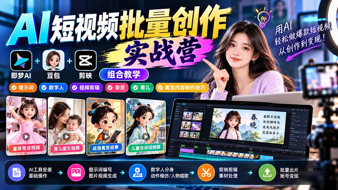 【无水印】AI短视频批量创作实战营:即梦+豆包+剪映组合教学,提示词/数字人/视频剪辑/带货/育儿/寓言内容制作技巧-宣源知识学堂