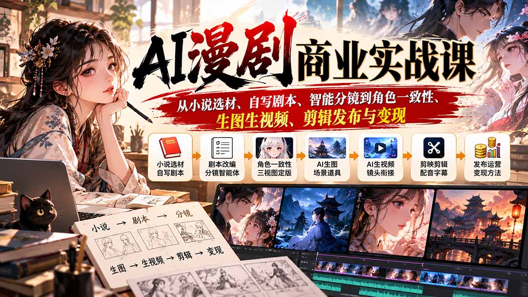 AI漫剧商业实战课：从小说选材、自写剧本、智能分镜到角色一致性、生图生视频、剪辑发布与变现-宣源知识学堂