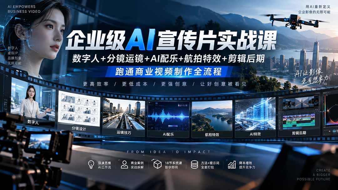企业级AI宣传片实战课｜数字人+分镜运镜+AI配乐+航拍特效+剪辑后期，跑通商业视频制作全流程-宣源知识学堂