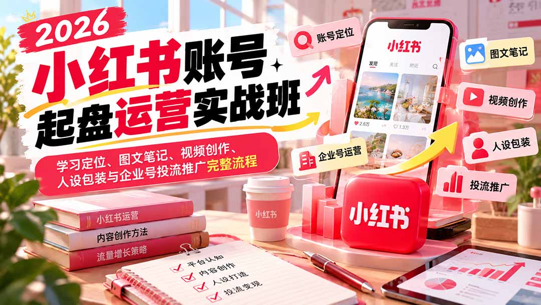 2026小红书账号起盘运营实战班：学习定位、图文笔记、视频创作、人设包装与企业号投流推广完整流程-宣源知识学堂