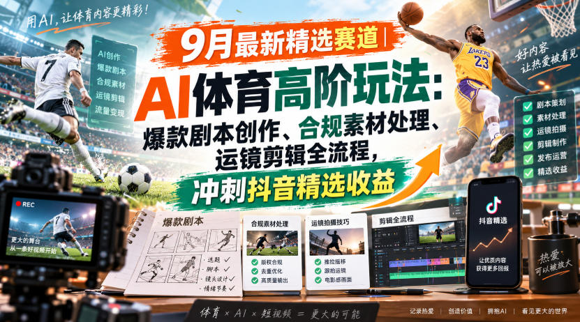 某大佬的9月最新精选赛道之AI体育顶级玩法，爆款剧本创作、版权规避、运镜剪辑全流程，稳拿抖音精选收益-宣源知识学堂