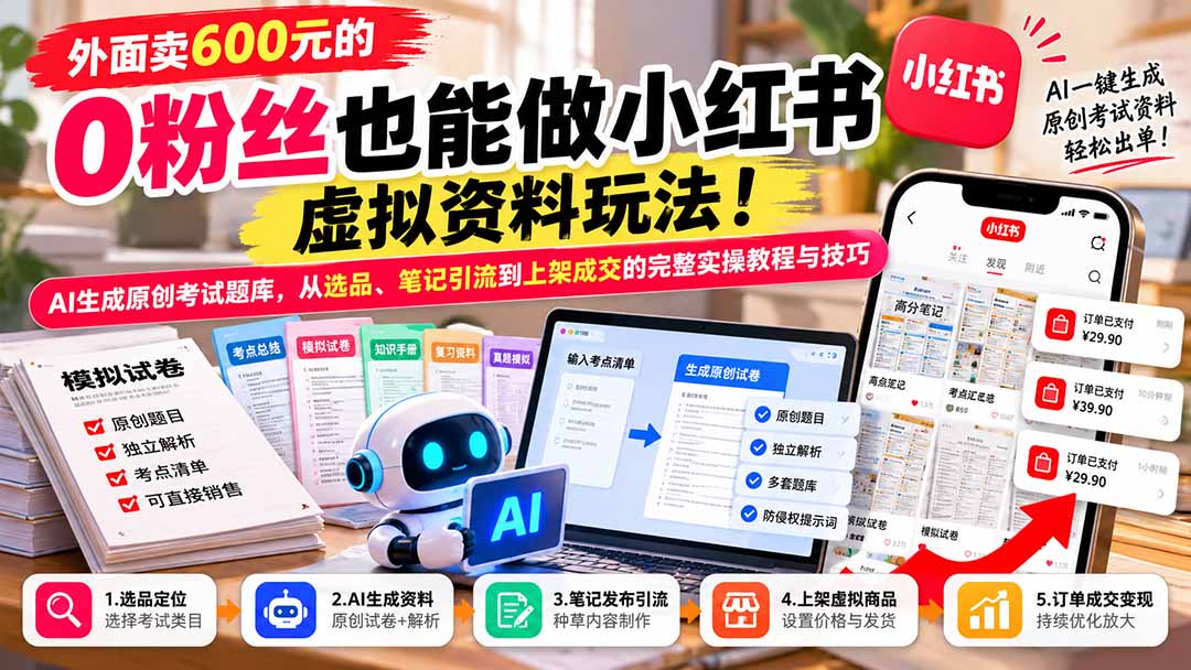 外面卖600元的 零粉丝也能做小红书虚拟资料玩法！AI生成原创考试题库，从选品、笔记引流到上架成交的完整实操教程-宣源知识学堂