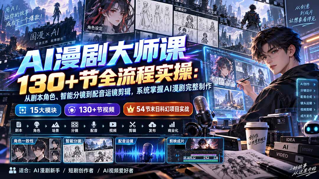 AI漫剧大师课130+节全流程实操：从剧本角色、智能分镜到配音运镜剪辑，系统掌握AI漫剧完整制作-宣源知识学堂