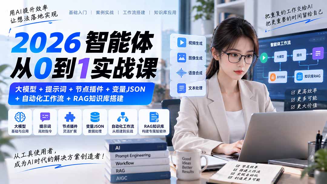 2026智能体从0到1实战课｜大模型+提示词+节点插件+变量JSON+自动化工作流+RAG知识库搭建-宣源知识学堂