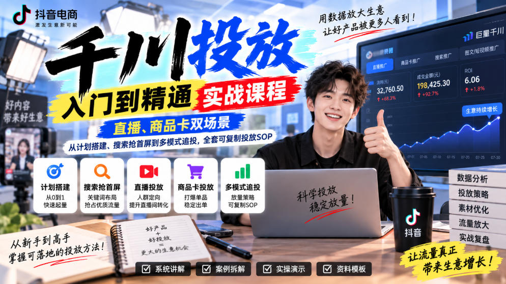 千川投放入门到精通实战课程，直播、商品卡双场景，从计划搭建、搜索抢首屏到多模式追投，全套可复制投放SOP-宣源知识学堂