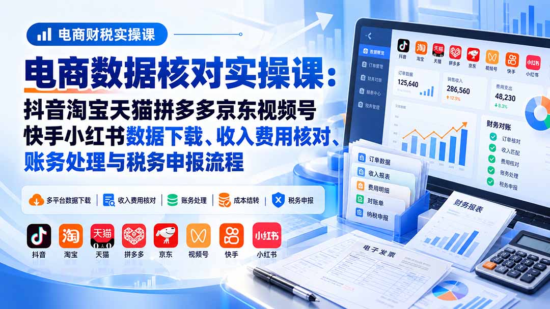 电商数据核账实操课:抖音淘宝天猫拼多多京东视频号快手小红书数据下载、收入费用核对、账务处理与税务申报流程-宣源知识学堂