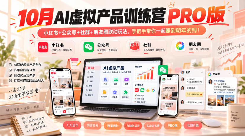 10月AI虚拟产品训练营PRO版，小红书+公众号+社群+朋友圈联动玩法，手把手带你一起赚到明年的钱！-宣源知识学堂