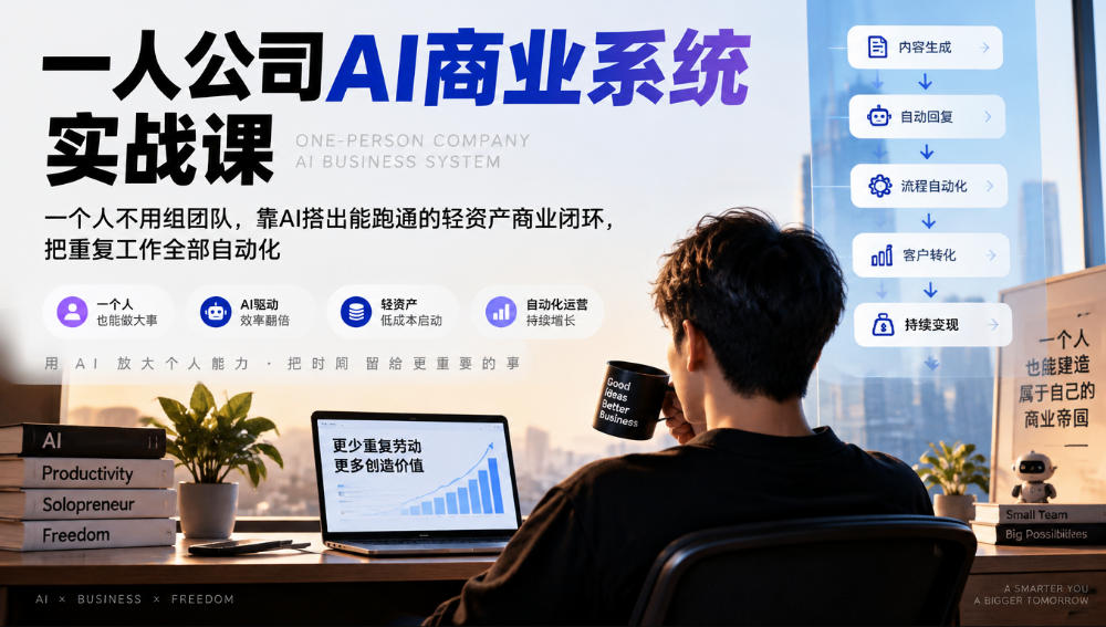 一人公司AI商业系统实战课，一个人不用组团队，靠AI搭出能跑通的轻资产商业闭环，把重复工作全部自动化-宣源知识学堂