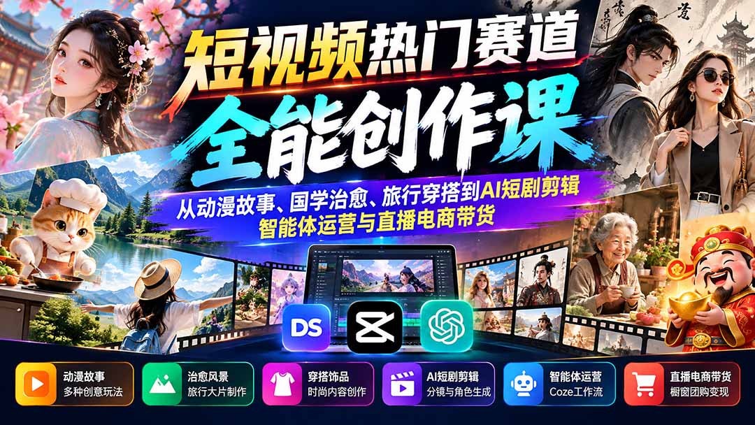 短视频热门赛道全能创作课：从动漫故事、国学治愈、旅行穿搭到AI短剧剪辑、智能体运营与直播电商带货-宣源知识学堂