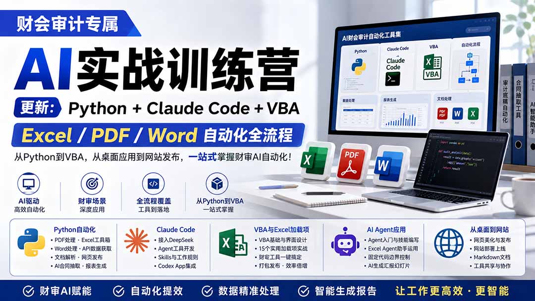 财会审计专属 AI实战训练营：Python+Claude Code+VBA，Excel/PDF/Word自动化全流程 (更新-宣源知识学堂