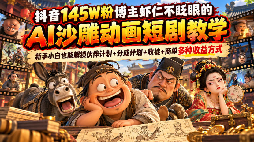 抖音145W粉博主虾仁不眨眼的AI沙雕动画短剧教学,新手小白也能解锁伙伴计划+分成计划+收徒+商单多种收益方式