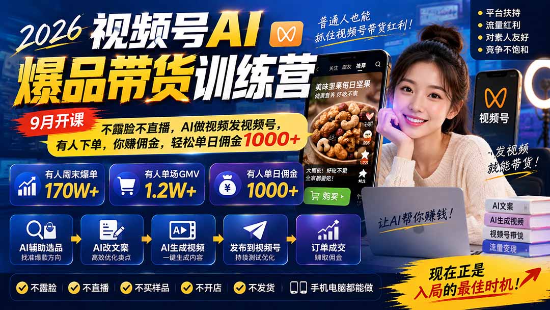 图片[1]-2026视频号AI爆品带货训练营-9月开课｜不露脸不直播，AI做视频发视频号，有人下单，你赚佣金，轻松单日佣金1000+-宣源知识学堂