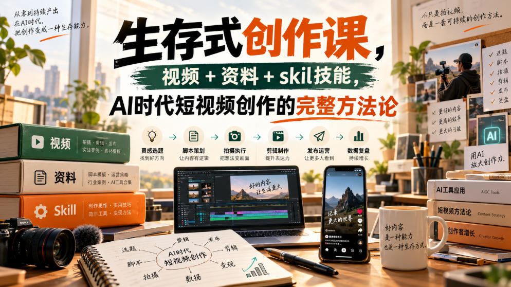 生存式创作课,视频+资料+skil技能,ai时代短视频创作的完整方法论